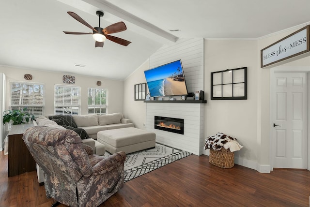 living room featuring ceiling fan, a large fireplace, dark hardwood / wood-style flooring, and lofted ceiling with beams