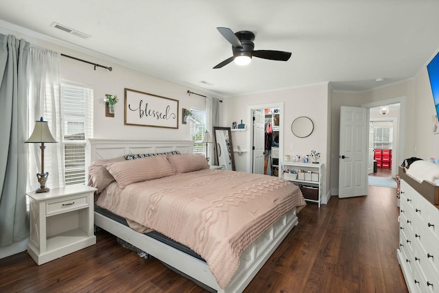 bedroom with a walk in closet, ornamental molding, dark hardwood / wood-style flooring, a closet, and ceiling fan