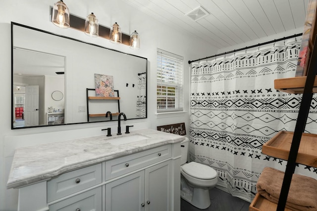 bathroom with vanity, toilet, and wooden ceiling