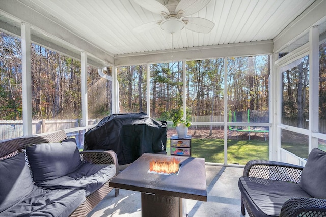 sunroom / solarium with ceiling fan and wooden ceiling