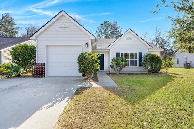 single story home featuring a garage, a front lawn, and central air condition unit