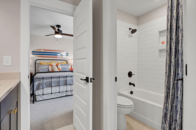 bathroom with ceiling fan, toilet, ensuite bath, vanity, and shower / bath combination with curtain