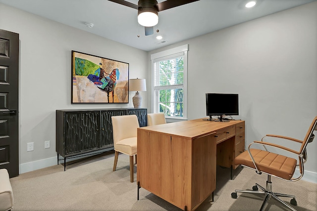 office space featuring recessed lighting, light carpet, visible vents, and baseboards