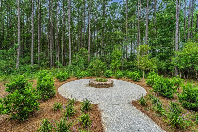 view of patio with curved driveway and a view of trees