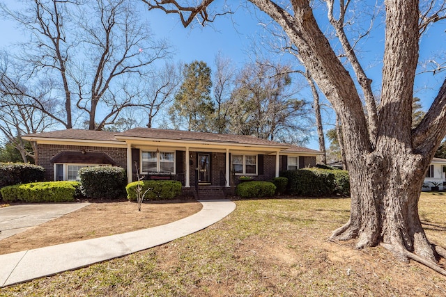 single story home featuring brick siding and a front lawn