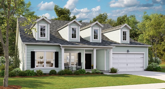 new england style home with a garage, a front yard, and a porch