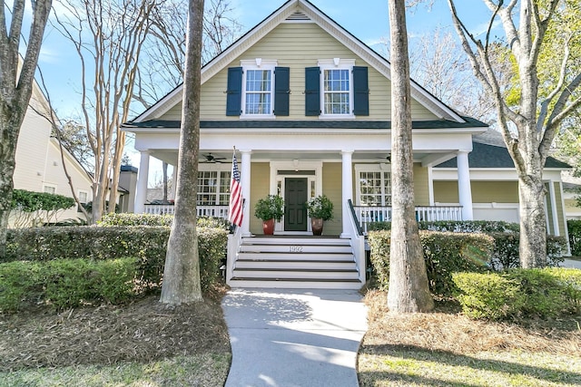 view of front of property featuring covered porch, a ceiling fan, and roof with shingles