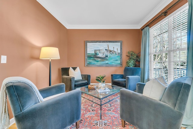 living area with baseboards and crown molding