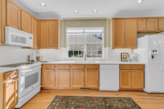 kitchen with light wood-type flooring, white appliances, light countertops, and a sink