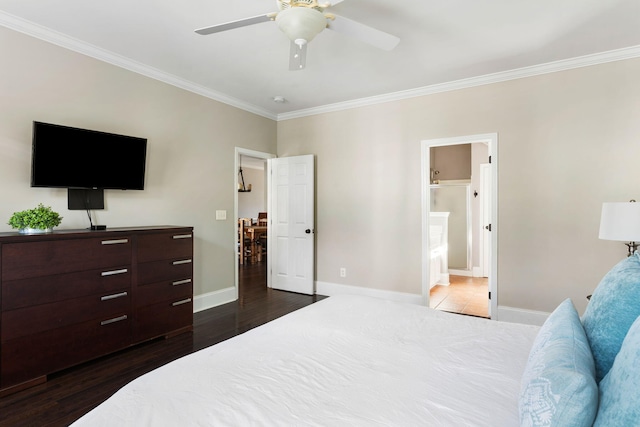 bedroom with ceiling fan, crown molding, ensuite bath, and dark hardwood / wood-style floors