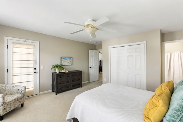 bedroom featuring light carpet, multiple windows, a closet, and ceiling fan