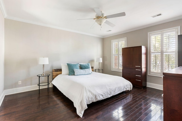 bedroom featuring multiple windows, ceiling fan, crown molding, and dark hardwood / wood-style floors