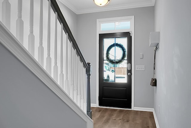 foyer with crown molding and wood-type flooring