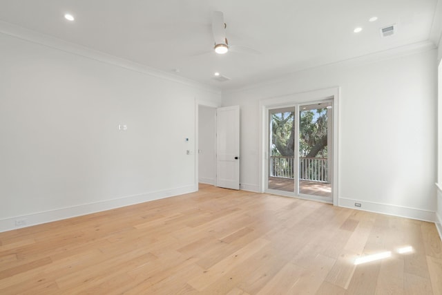 empty room with light wood-style floors, baseboards, ornamental molding, and recessed lighting