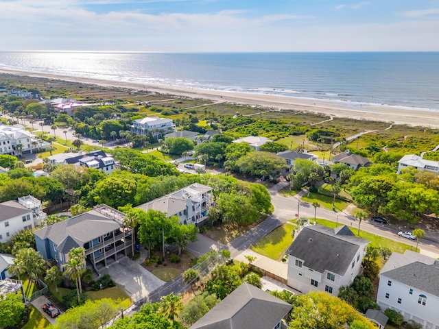 aerial view with a beach view, a residential view, and a water view