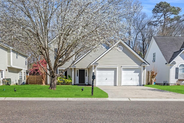 view of front of house with a garage, fence, a front yard, central AC unit, and concrete driveway