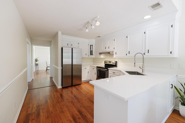 kitchen featuring a peninsula, light countertops, under cabinet range hood, a sink, and stainless steel appliances