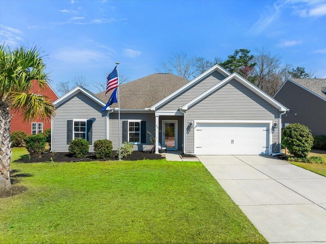 ranch-style home with a front lawn, driveway, a shingled roof, and an attached garage