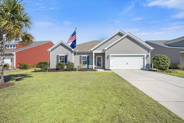 ranch-style house featuring a front lawn, driveway, and an attached garage