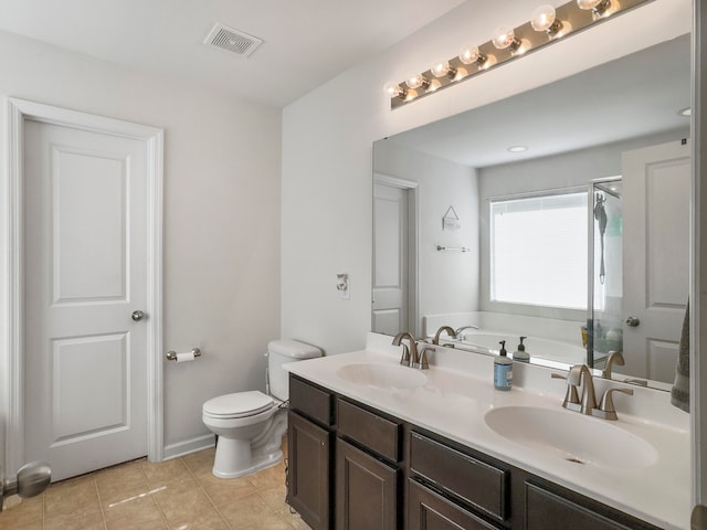 full bathroom featuring toilet, vanity, independent shower and bath, and tile patterned flooring