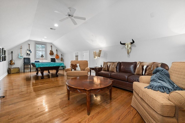 living room featuring light hardwood / wood-style floors, ceiling fan, vaulted ceiling, and pool table