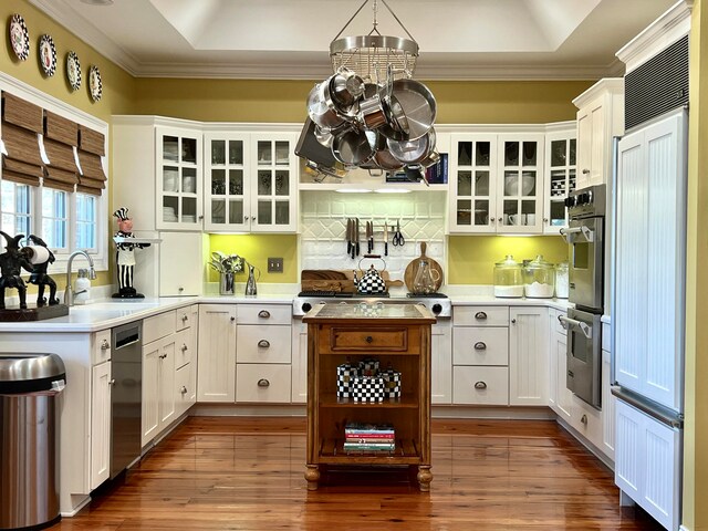 kitchen with white cabinetry, wood-type flooring, and a tray ceiling