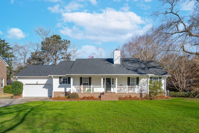 ranch-style home with a front yard, an attached garage, covered porch, a chimney, and concrete driveway