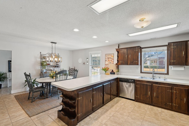 kitchen featuring a sink, open shelves, stainless steel dishwasher, and light countertops