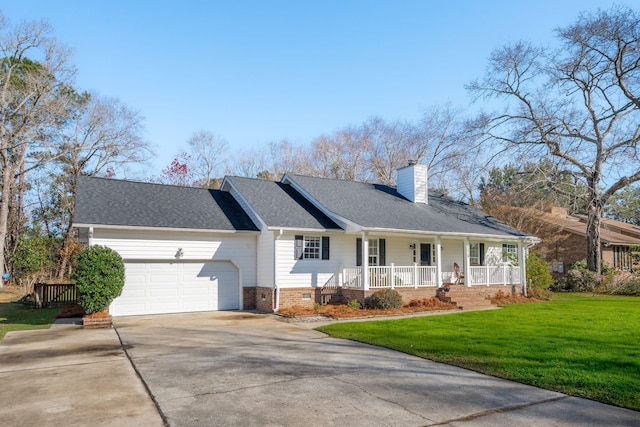 ranch-style house with driveway, a porch, a chimney, a front lawn, and a garage