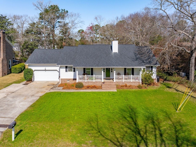 ranch-style home featuring a porch, a front yard, roof with shingles, driveway, and an attached garage