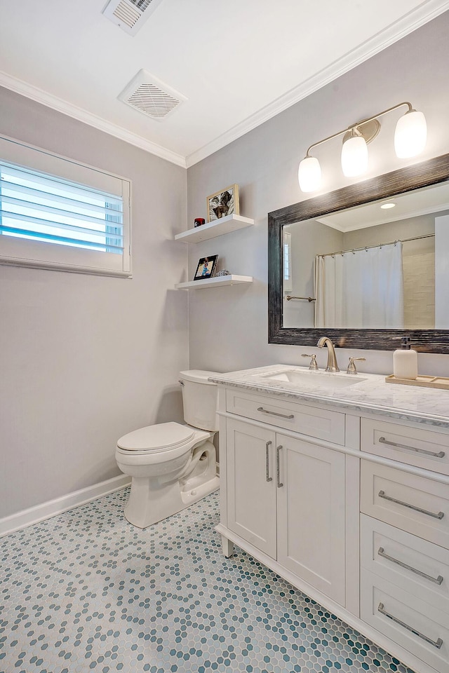 full bathroom featuring ornamental molding, visible vents, vanity, and toilet