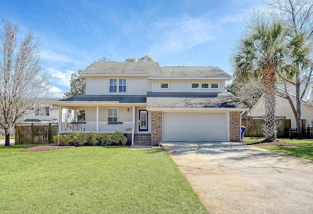 view of front facade with an attached garage, fence, a front yard, a porch, and brick siding