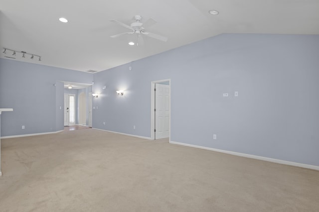 261 Sweet Alyssum Dr, Ladson, SC 29456 - spare room with a ceiling fan, light colored carpet, lofted ceiling, baseboards, and recessed lighting
