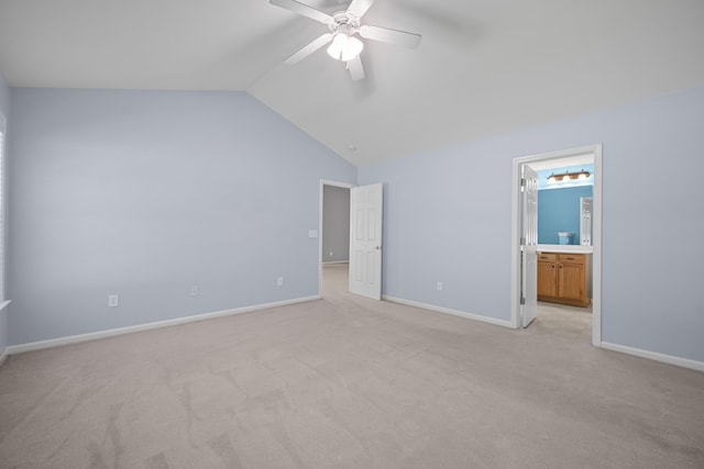 261 Sweet Alyssum Dr, Ladson, SC 29456 - unfurnished bedroom featuring light carpet, lofted ceiling, baseboards, ensuite bath, and a ceiling fan