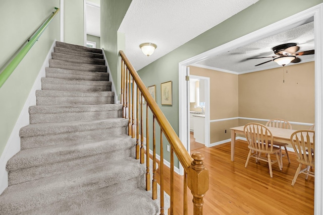 721 Lake Frances Dr, Charleston, SC 29412 - stairway featuring wood finished floors, a textured ceiling, ceiling fan, and ornamental molding