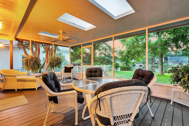 721 Lake Frances Dr, Charleston, SC 29412 - sunroom / solarium featuring a skylight, a water view, a ceiling fan, and outdoor dining area
