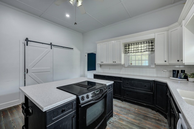 kitchen with dark cabinetry, dark wood finished floors, black electric range, white cabinets, and tasteful backsplash