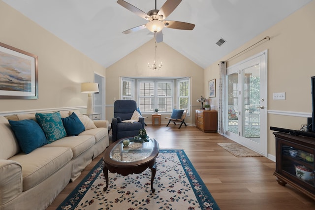 9091 Delancey Cir N, Charleston, SC 29406 - living area with a chandelier, wood finished floors, a ceiling fan, and high vaulted ceiling