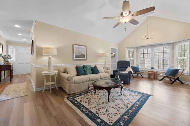 9091 Delancey Cir N, Charleston, SC 29406 - living room with ceiling fan, wood finished floors, a chandelier, high vaulted ceiling, and recessed lighting