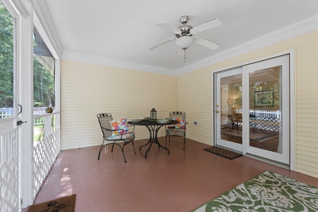 9091 Delancey Cir N, Charleston, SC 29406 - sunroom / solarium featuring ceiling fan, crown molding, and finished concrete floors