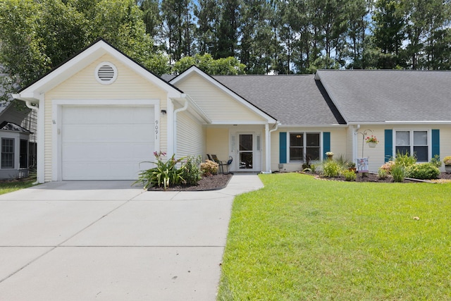 9091 Delancey Cir N, Charleston, SC 29406 - ranch-style house with concrete driveway, an attached garage, a front lawn, and a shingled roof