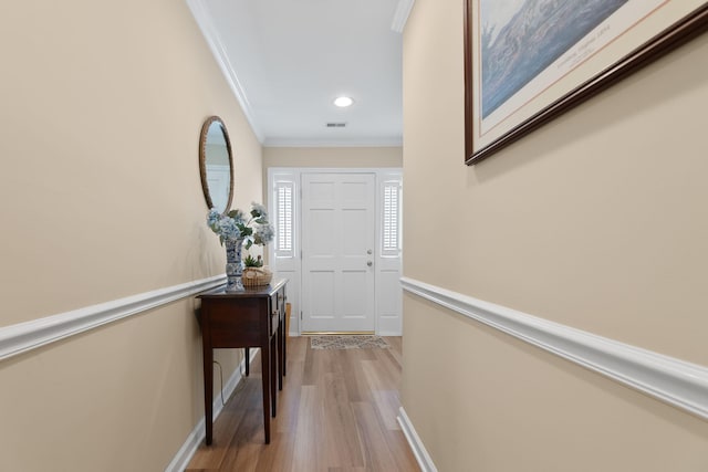9091 Delancey Cir N, Charleston, SC 29406 - corridor featuring ornamental molding, wood finished floors, and recessed lighting