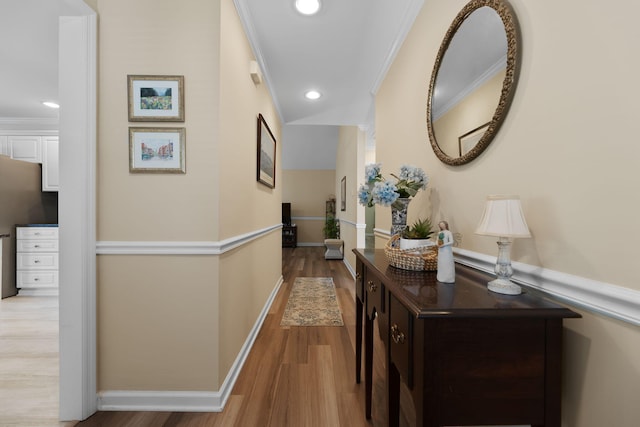 9091 Delancey Cir N, Charleston, SC 29406 - hallway with light wood-type flooring, ornamental molding, and recessed lighting