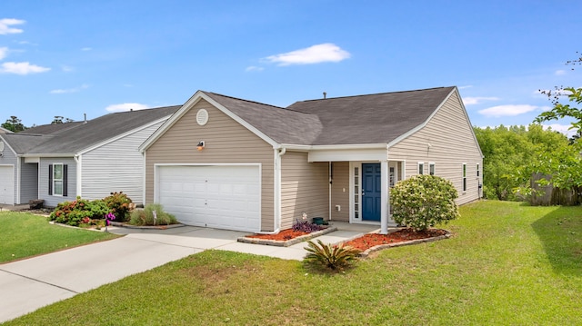 single story home with a shingled roof, an attached garage, driveway, and a front lawn