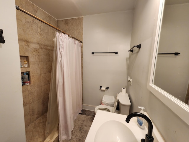 bathroom featuring sink, toilet, and curtained shower