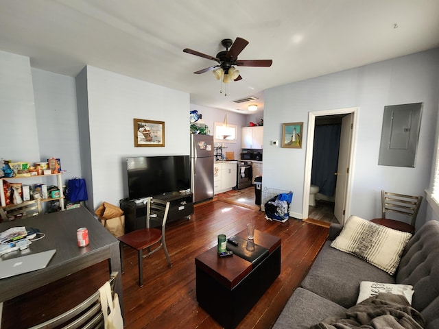 living room with ceiling fan, electric panel, and dark wood-type flooring