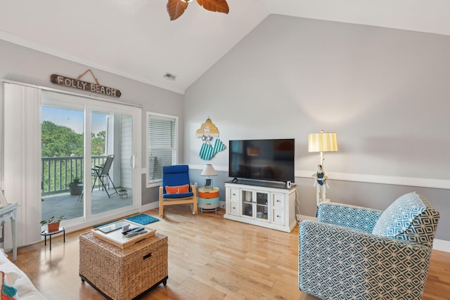 1984 Folly Rd Unit A310, Charleston, SC 29412 - living room with ceiling fan, wood finished floors, high vaulted ceiling, baseboards, and crown molding