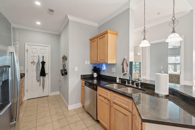 1984 Folly Rd Unit A310, Charleston, SC 29412 - kitchen featuring appliances with stainless steel finishes, a sink, ornamental molding, light tile patterned floors, and pendant lighting