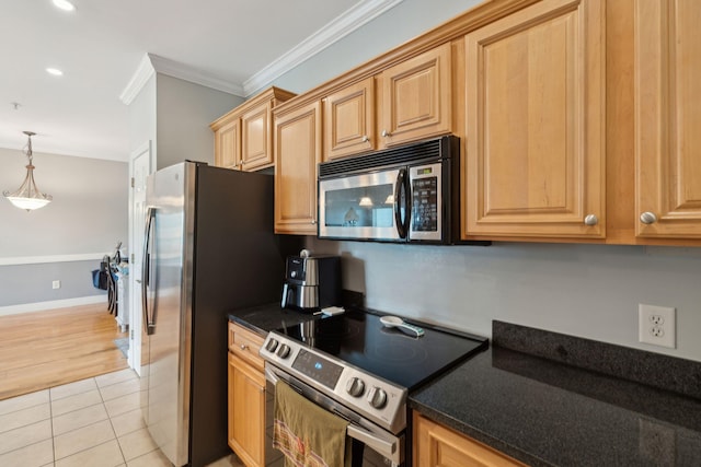 1984 Folly Rd Unit A310, Charleston, SC 29412 - kitchen featuring appliances with stainless steel finishes, crown molding, light tile patterned floors, pendant lighting, and recessed lighting