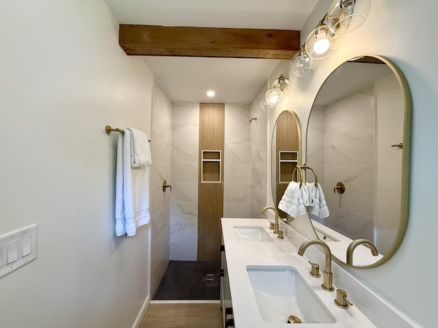 6086 Chisolm Rd, Johns Island, SC 29455 - bathroom with beamed ceiling, a tile shower, and a sink